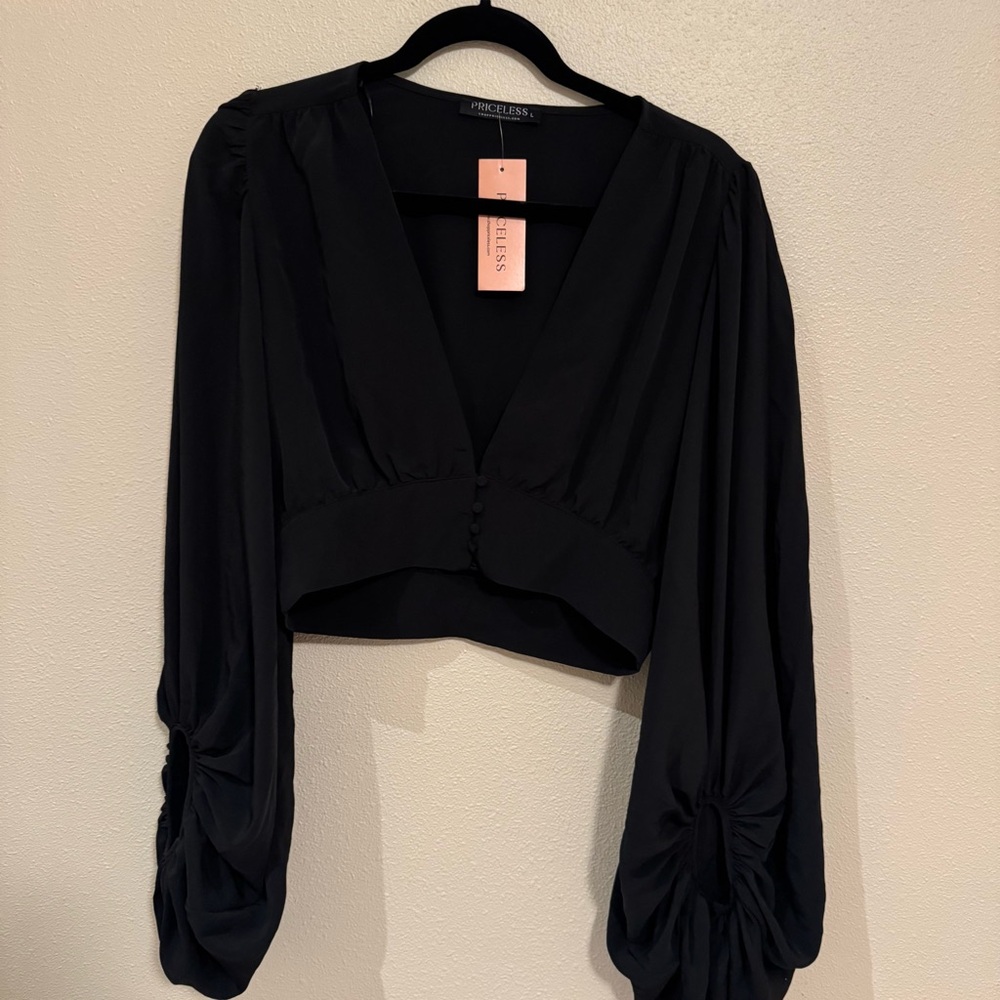 Elegant Black Blouse with Ruched Sleeves